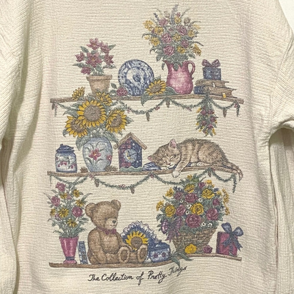 Vintage‎ Pretty Things Sweatshirt 14W Cream Grandmacore USA Collector Cat Floral